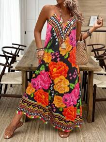 Breezaya 大码女式树叶印花无袖宽松连衣裙 - 彩色 - 查看 1