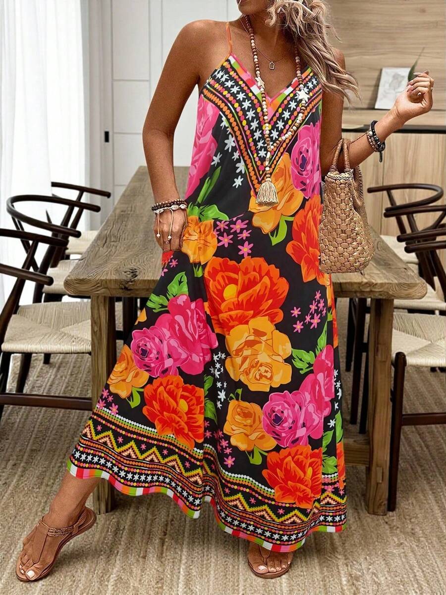 Breezaya 大码女式树叶印花无袖宽松连衣裙 - 彩色 - 查看 1