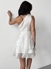 Firerie Váy ngắn lệch vai bằng vải tuyn Pompom nhiều lớp phong cách cổ tích lãng mạn thanh lịch, thích hợp cho các bữa tiệc và sự kiện, mùa hè - trắng - Xem 11