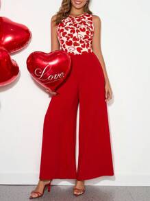 Ellevyn 女士优雅舒适心形印花图案无袖衬衫和阔腿裤两件套，情人节夏季女士连衣裙两件套女士情人节服装 - 彩色 - 查看 4