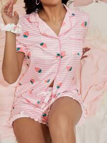 草莓条纹甜美荷叶边女士睡衣套装 - 彩色 - 查看 6
