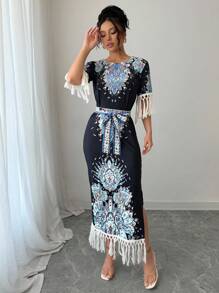 Chiquease Round Neck Slit Hem Side Slit Printed Long Dress For Women - Black - View 4