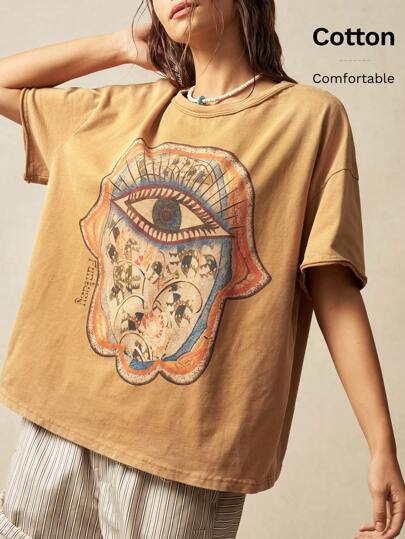 Bohemela Plus Size Casual Loose Fit Round Neck Printed Short Sleeve T-Shirt,Vintage