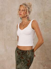 SHEIN Forever 21 Women's New Summer Style Chest Pleated Solid Color Tank Top/Summer Top/White/Hot Girl/Casual/Outing - White - View 5