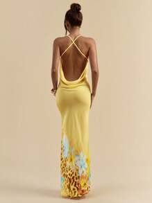 SHEIN BAE Sexy Backless Leopard & Floral Print Tied Neck Slim Fit Elegant Dress, Suitable For Beach Holiday - Yellow - View 3