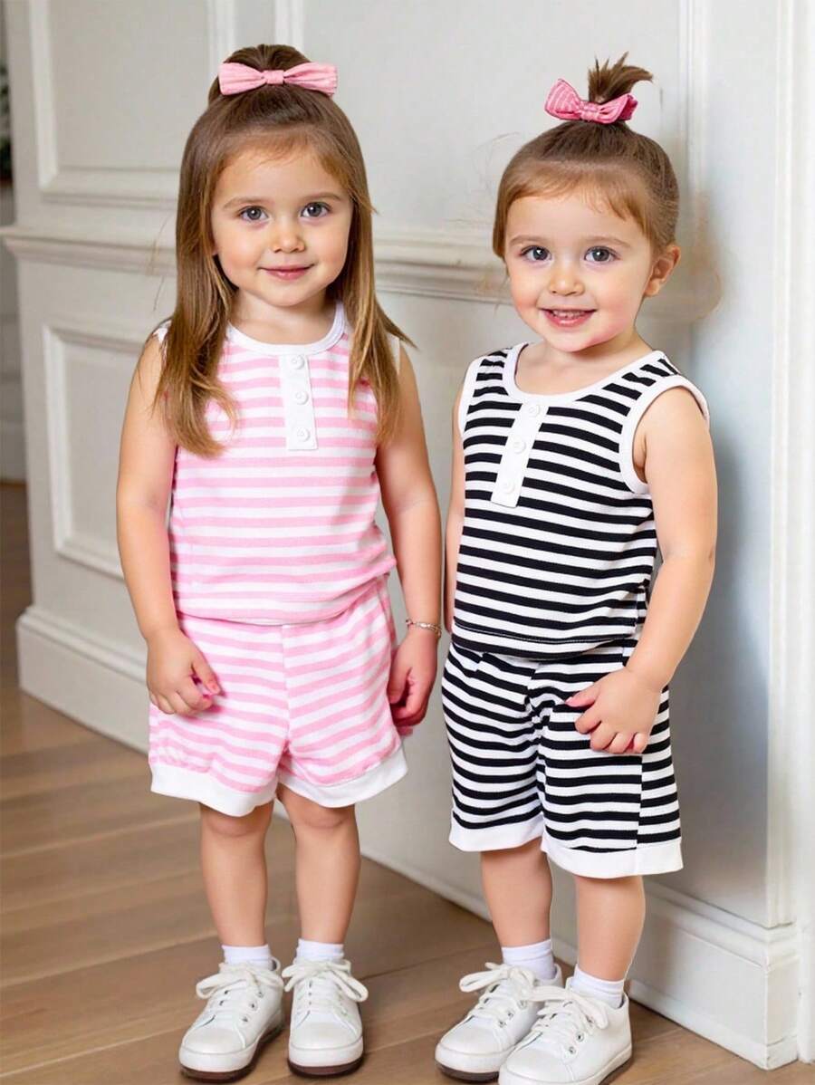 4-Piece Baby Girl Casual Versatile Striped Sleeveless Top And Pants Set Suitable For Spring And Summer Daily Wear - Multicolor - View 1