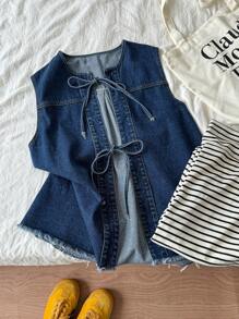 DAZY Áo vest denim rộng rãi có dây trang trí nơ cho nữ - Màu xanh bụi bặm - Xem 5