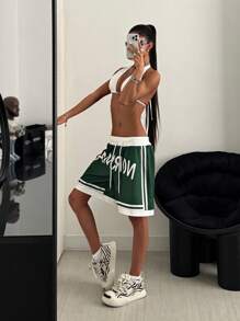 StreetHx 女式街头字母印花抽绳腰部宽松运动短裤 - 綠色 - 查看 3