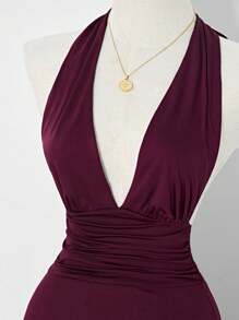 SHEIN PETITE Women's Halter Deep V-Neck Slim Fit Short Dress, Spring/Summer ,Petite Women - Burgundy - View 4