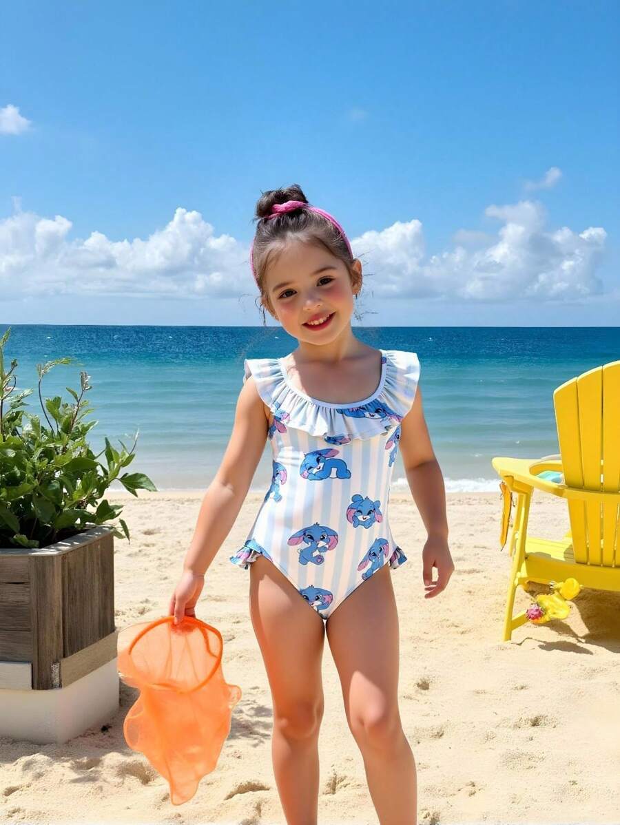 SHEIN 小女孩卡通条纹印花荷叶边连体泳衣，适合度假 - 彩色 - 查看 1