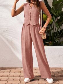 SHEIN Frenchy 2pcs Vacation Casual Solid Color Tank Top And Pants Set Thanks Giving Pink Summer Holiday Resort - Pink - View 5