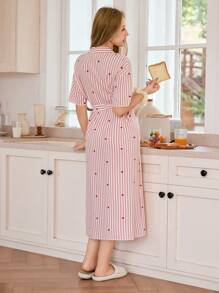 Dream Adore Striped Heart & Bubble Print Long Robe For Women