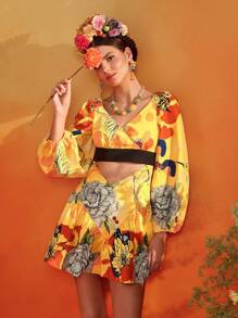 ISELACOS Frida Kahlo X SHEIN X Designer 全身印花灯笼袖镂空迷你连衣裙女士夏季连衣裙度假装 - 黃色 - 查看 7