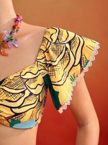 Redefinition Frida Kahlo X SHEIN X Designer Floral Print Off Shoulder Twist Front Crop Top Flounce Ruffle Sleeve For Women Summer Vacation - Multicolor - View 8