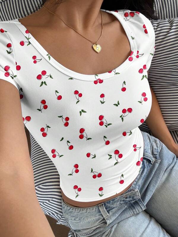 SHEIN EZwear Tricou de damă casual simplu, negru, cu guler rotund, mânecă scurtă, potrivit pentru vară, imprimeu cu cireșe