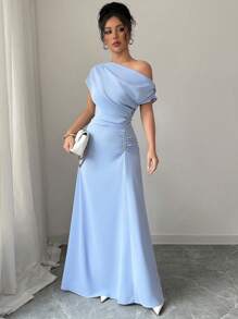 SHEIN Tall Women's Summer Elegant Refined Solid Color Asymmetric Collar Batwing Sleeve Ruched Fitted Dress