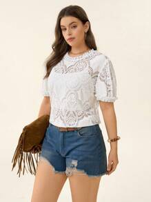 SHEIN LUNE Áo cánh ren trắng thanh lịch, thường ngày/công sở cỡ lớn cho nữ, kỳ nghỉ bãi biển, sân bay, phụ nữ, mùa thu, quần áo nữ, quần áo công sở, trường học, hòa nhạc đồng quê, cổ điển, giáo viên, dành cho phụ nữ, toàn màu trắng, tiệc tùng, mùa thu, tiền cũ, công sở, phụ nữ, buổi tối hẹn hò, phụ nữ - trắng - Xem 9