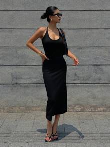 Strévra 女士夏季工字背黑色紧身连衣裙 - 黑色 - 查看 5