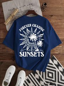 Manfinity Joysei Lässiger Urlaubsstil Kokosnussbaum- & Buchstabenprint, Slim Fit Rundhals Kurzarm T-Shirt für Herren, geeignet für Sommerurlaub, Outdoor, Dates, Partys, Geschenk für den Freund, Familienoutfit