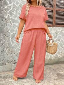 Linhara 加大码两件套：仿亚麻纯色后背开衩碎花休闲度假衬衫和仿亚麻纯色休闲度假宽松裤