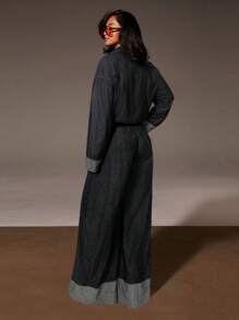 Athîral 女式休闲时尚纽扣口袋长袖牛仔连体裤 - 黑色 - 查看 3