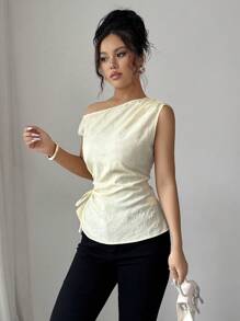 Elenzga Women's Summer Fashionable Shoulder Revealing Knotted Waist Hollow Out Shirt