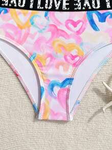 Conjunto de bikini elegante y lindo con estampado de corazón, decorado con cinta y con tirantes ajustables, adecuado para vacaciones, playa, verano para niñas preadolescentes