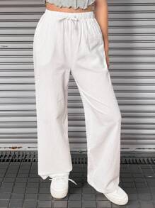 SHEIN 少女纯色宽松抽绳腰阔腿裤 - 白色 - 查看 3