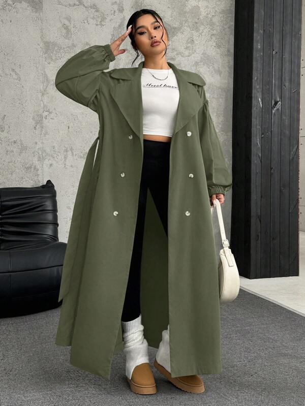 SHEIN EZwear Plus Size Olive Green Double Breasted Belted Long Sleeve Long Trench Coat, Autumn/Winter Long Coat