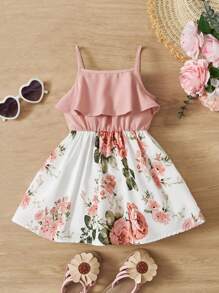 SHEIN Young Girl Floral Patchwork Ruffle Trim Sleeveless Knee Length Dress