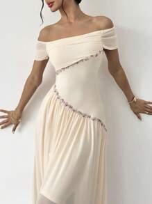 Firerie Élégante robe longue de mode nouvelle, coupe formelle romantique. Col asymétrique avec broderie, drapé en maille et silhouette près du corps abricot. Convient pour le bal, la fête, les vacances, les invités de mariage - Nude - Voir 8