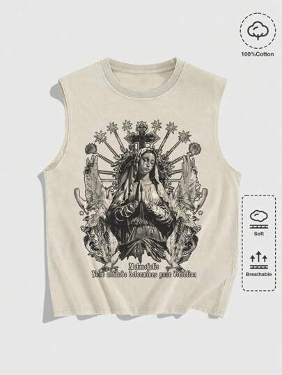 Men's Gothic Cross Character Graphic Washed Distressed Sleeveless Tank Top, Halloween, 2000s Style