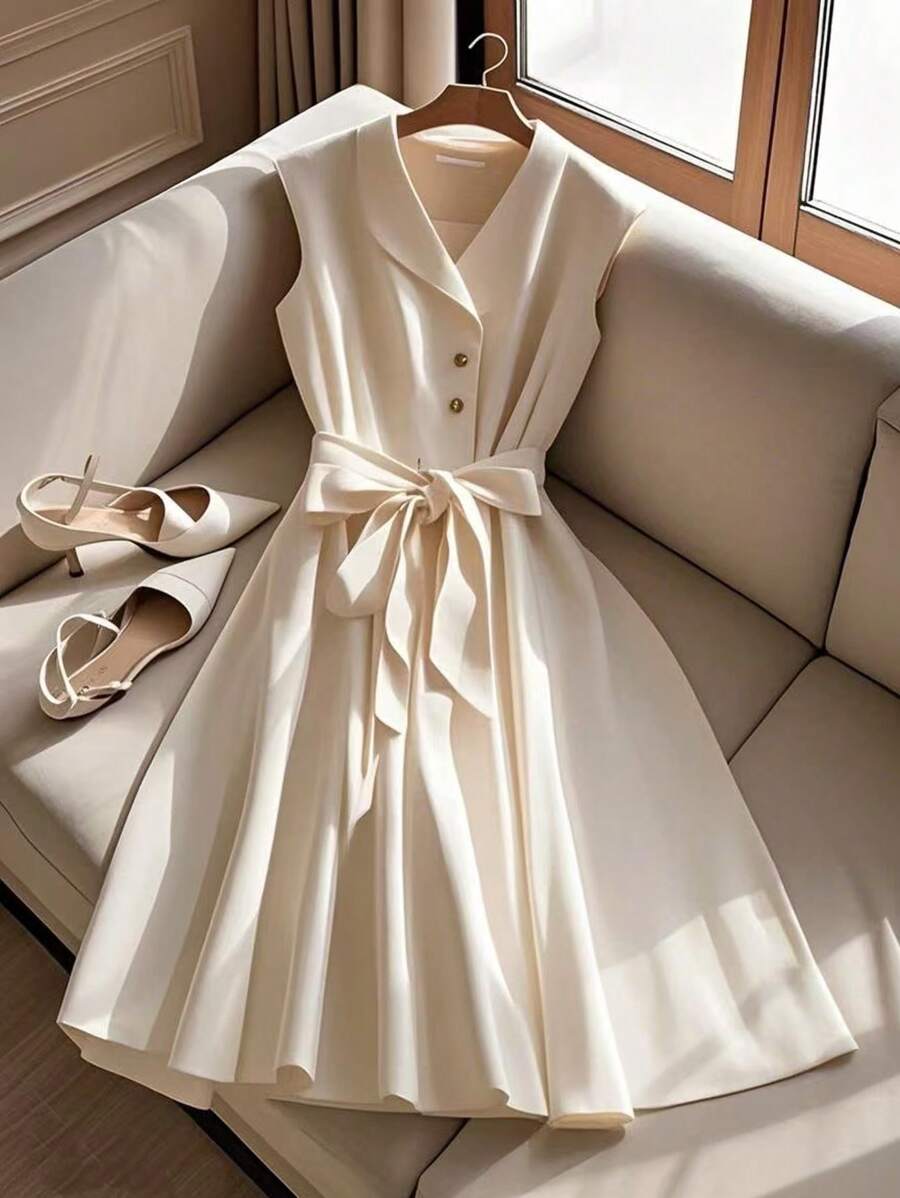 Franclia Apricot Elegant Lapel Waist Tie Decor Ladies Midi Dress - Apricot - View 1