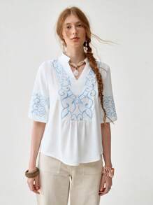 Florisole Lässiges, schickes, süßes Oberteil mit V-Ausschnitt, bestickten Puffärmeln, bequem & atmungsaktiv, Alltagskleidung & Urlaub, weiß, Damen Frühling/Sommer