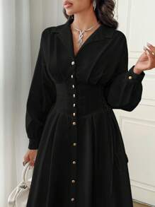 Modelyn Women's Front Button Solid Color Elegant Long Sleeve Dress Long Evening Dresses Button Up Shirt Dress - Black - View 7