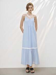 Lumivelle Romantisches blaues Damen Maxikleid mit Blumen Muster und Rüschen-Trägern, geeignet für den Urlaub