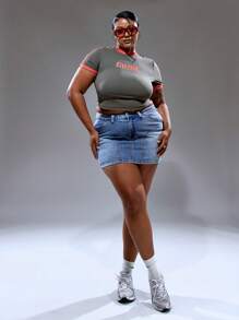 MUSERA Plus Size Low Rise Seam Pocket Detail Fitted Denim Mini Skirt Summer Streetstyle Vacation Holiday 90's Y2k Cute Casual City Muse