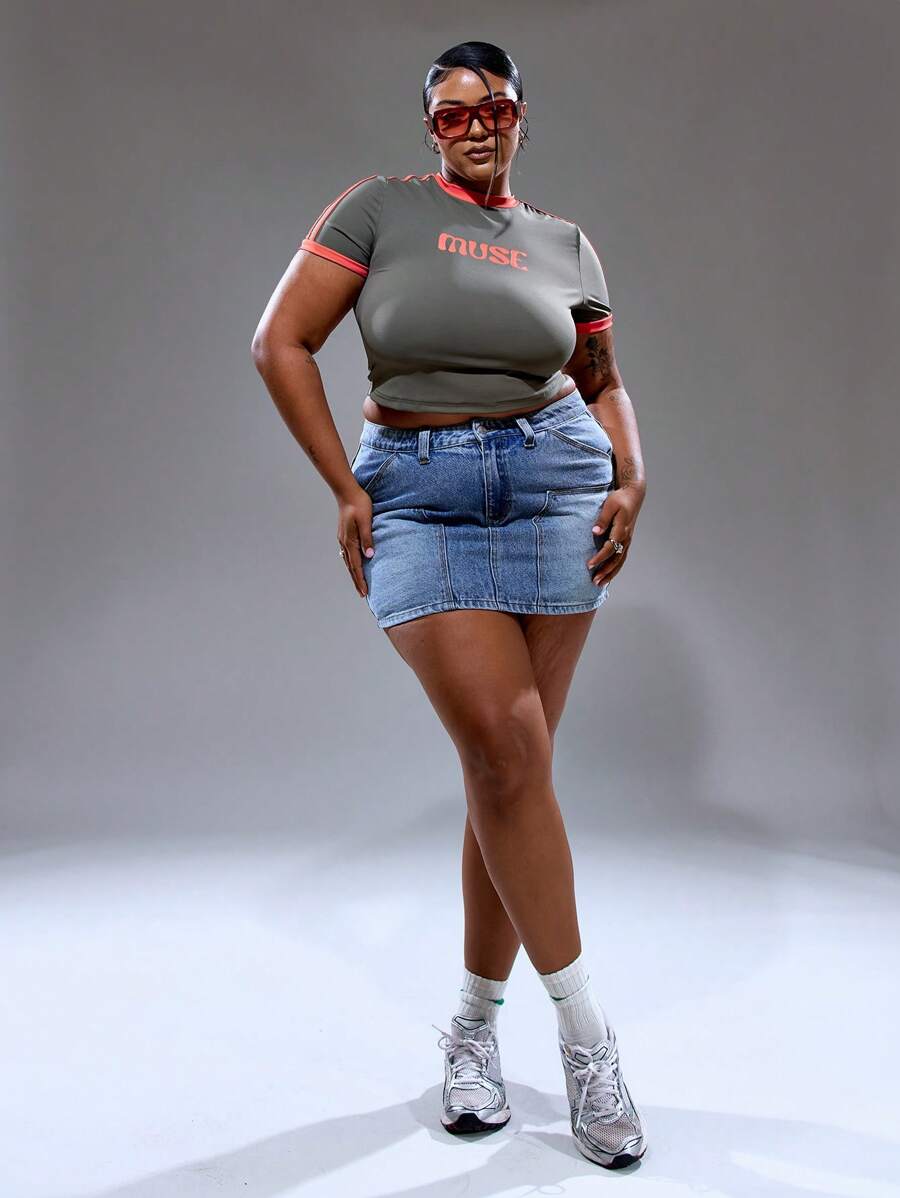 MUSERA Plus Size Low Rise Seam Pocket Detail Fitted Denim Mini Skirt Summer Streetstyle Vacation Holiday 90's Y2k Cute Casual City Muse
