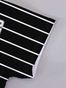1 Set de ropa estilo deportivo para niños pequeños, diseño de rayas verticales en blanco y negro, camiseta estampada "LOS ANGELES 23", camiseta de manga corta y pantalones cortos, adecuado para actividades diarias, conjunto enérgico para primavera/verano
