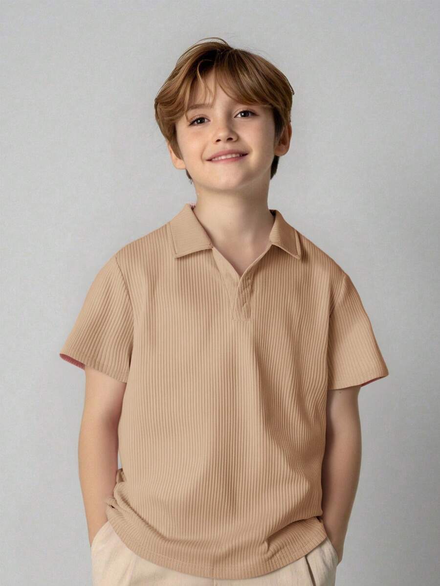 青少年男孩休闲韩版简约纹理面料 Polo 衫，适合通勤、上学、日常休闲装、运动、春夏季