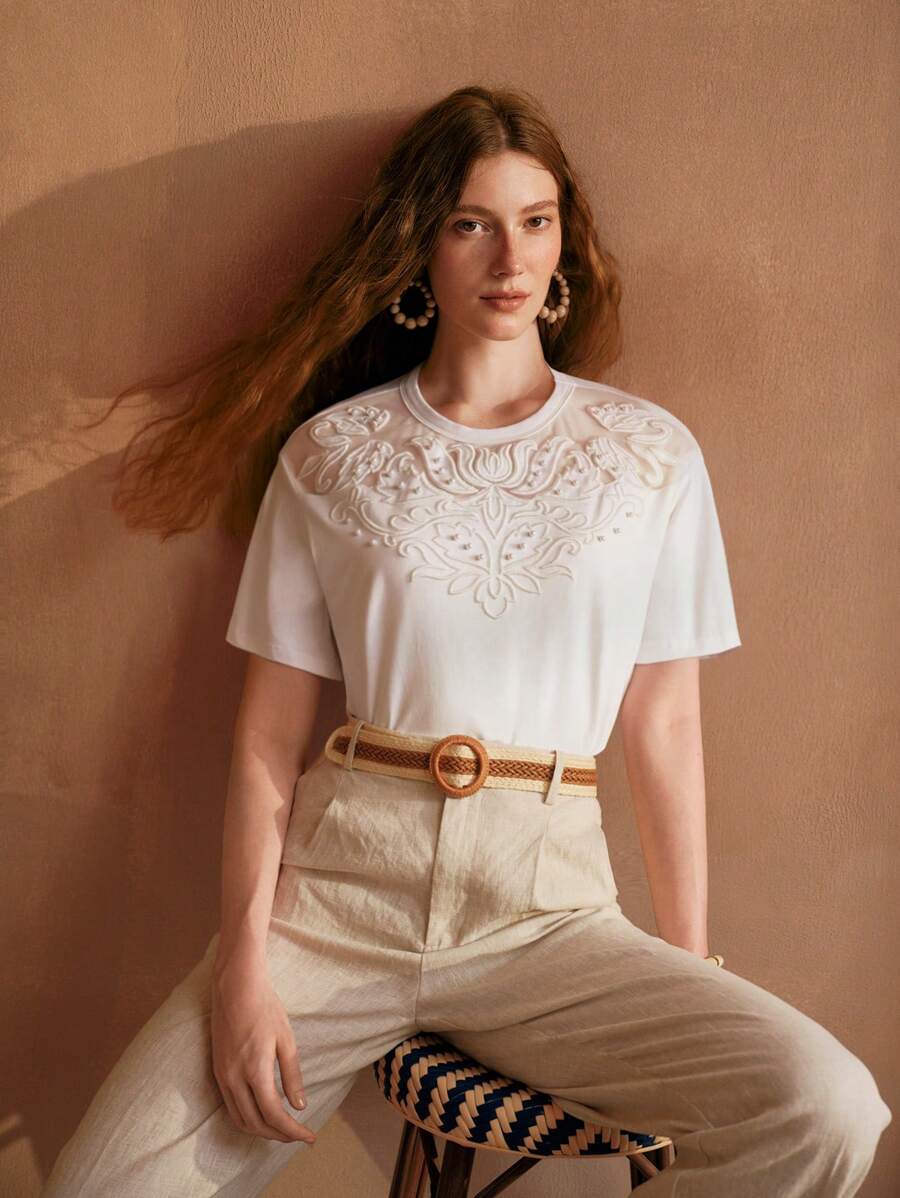 MOTF PREMIUM FAUX PEARL DETAIL EMBROIDERY T-SHIRT - White - View 1