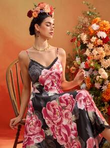 Frida Kahlo X SHEIN X Designer TIYA Floral Printed Satin Lace Inserts Asymmetric Hem Midi Dress Women Summer Dress Vacation Outfits