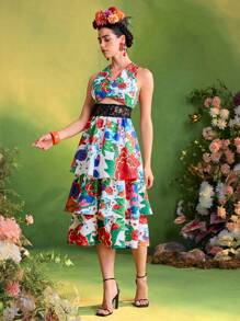 Redefinition Frida Kahlo X SHEIN X Designer 花卉印花蕾丝镂空分层无袖中长连衣裙，适合女士夏季度假 - 彩色 - 查看 4