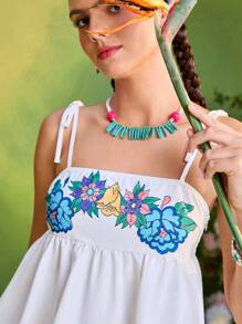 Frida Kahlo X SHEIN X Designer Oxana Summer Vacation Holiday Floral Print Knot Shoulder Babydoll Cami Top