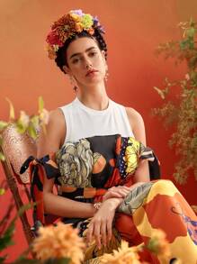 ISELACOS Frida Kahlo X SHEIN X Designer 印花夸张荷叶边插片背心，肩部系带细节，女式夏季上衣 - 彩色 - 查看 8