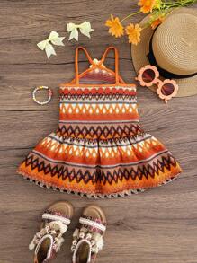 SHEIN Gaun Bayi Perempuan Kasual Sederhana Nyaman Model Halterneck Bergaris Motif Bunga 3D - Jeruk - View 10