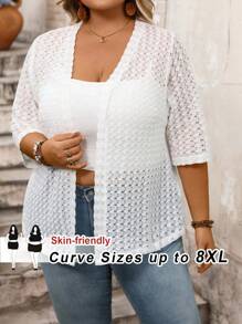 SHEIN CURVE+ Große Größen Urlaubs-Casual einfarbiger Strickmantel mit Hohlmuster für Sommer/Land/Strandurlaub - Weiss - Übersicht 4