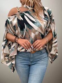 Flouryn Plus Size Women's Random Print Simple Daily Shirt One Shoulder Top - Multicolor - View 1