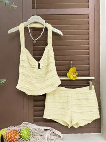 SHEIN EZwear 2pcs/Set Plus Size Green Textured Halter Top And Shorts, Spring/Summer - Yellow - View 7
