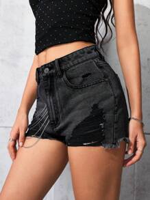 SHEIN EZwear Shorts vaqueros casuales de verano con bolsillos y decoración de cadena rota - Gris - Ver 6